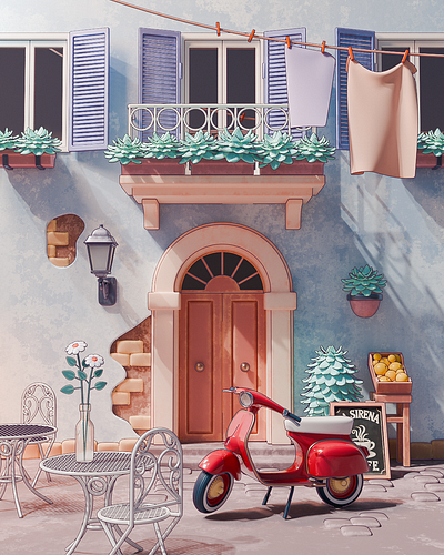 Casa Bella 3d architecture blender diorama illustration italy render stylized vespa