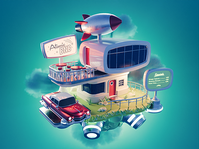 Atompunk 3d atom punk blender diorama fallout floating island flying car illustration render